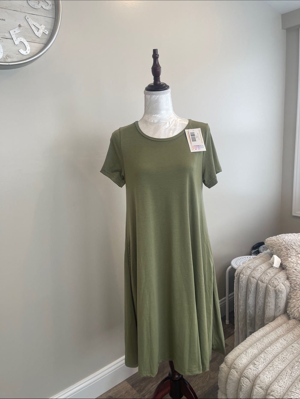 LuLaRoe Olive Green Short Sleeve Midi Swing Dress